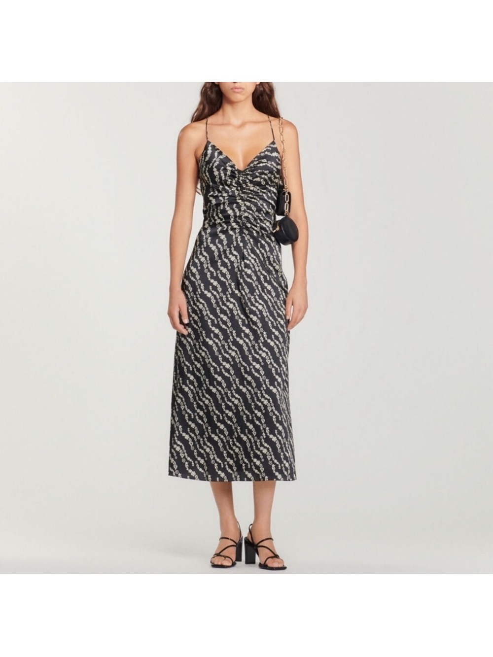 Sandro Paola Black and White Patterned Slip Midi Dress - Size 36 (US 4)